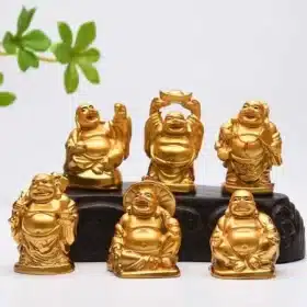 Feng Shui Laughing Buddha Set of 6 Pieces Decorative Showpiece - 7 cm  (Gold)