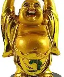 Golden Laughing Buddha with ingot Decorative Showpiece - 10 cm  (Polyresin, Gold)