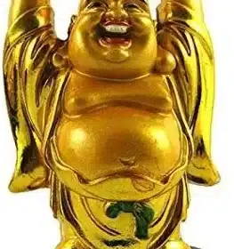 Golden Laughing Buddha with ingot Decorative Showpiece - 10 cm  (Polyresin, Gold)