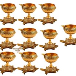 Handmade Kanchua Kuber Diya Brass Oil Lamp Deepam with Turtle Base Stand , Kubera Vilakku Agal Vilakku Diwali Kuber Diya Engraved Design Diyas for Pooja and Return Gifts- (Gold)-10 Piece