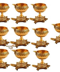 Handmade Kanchua Kuber Diya Brass Oil Lamp Deepam with Turtle Base Stand , Kubera Vilakku Agal Vilakku Diwali Kuber Diya Engraved Design Diyas for Pooja and Return Gifts- (Gold)-10 Piece