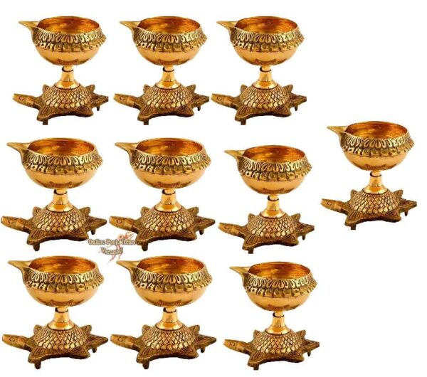 Handmade Kanchua Kuber Diya Brass Oil Lamp Deepam with Turtle Base Stand , Kubera Vilakku Agal Vilakku Diwali Kuber Diya Engraved Design Diyas for Pooja and Return Gifts- (Gold)-10 Piece