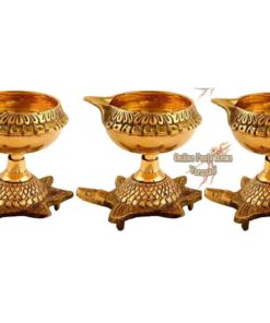 Handmade Kanchua Kuber Diya Brass Oil Lamp Deepam with Turtle Base Stand , Kubera Vilakku Agal Vilakku Diwali Kuber Diya Engraved Design Diyas for Pooja and Return Gifts- (Gold)-3 Piece