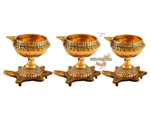 Handmade Kanchua Kuber Diya Brass Oil Lamp Deepam with Turtle Base Stand , Kubera Vilakku Agal Vilakku Diwali Kuber Diya Engraved Design Diyas for Pooja and Return Gifts- (Gold)-3 Piece