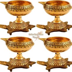 Handmade Kanchua Kuber Diya Brass Oil Lamp Deepam with Turtle Base Stand , Kubera Vilakku Agal Vilakku Diwali Kuber Diya Engraved Design Diyas for Pooja and Return Gifts- (Gold)-4 Piece