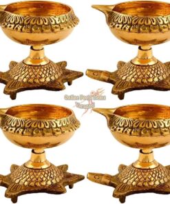 Handmade Kanchua Kuber Diya Brass Oil Lamp Deepam with Turtle Base Stand , Kubera Vilakku Agal Vilakku Diwali Kuber Diya Engraved Design Diyas for Pooja and Return Gifts- (Gold)-4 Piece