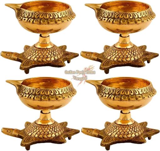 Handmade Kanchua Kuber Diya Brass Oil Lamp Deepam with Turtle Base Stand , Kubera Vilakku Agal Vilakku Diwali Kuber Diya Engraved Design Diyas for Pooja and Return Gifts- (Gold)-4 Piece