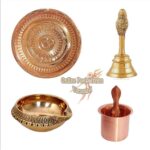 Pooja Plate, Pooja Bell and Diya with Argha Best Items for Temple Home  Gifts for All Pooja Purpose Brass & Copper (Pack of 4)