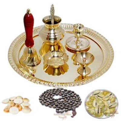 Brass Special Puja Thali Plate Set of 10 Items, for Diwali Poojan / Navratri Pooja / Pooja Room / Diwali Gifting / Laxmi Pooja  / Varalaxmi Pooja / Shop Pooja / Office Pooja